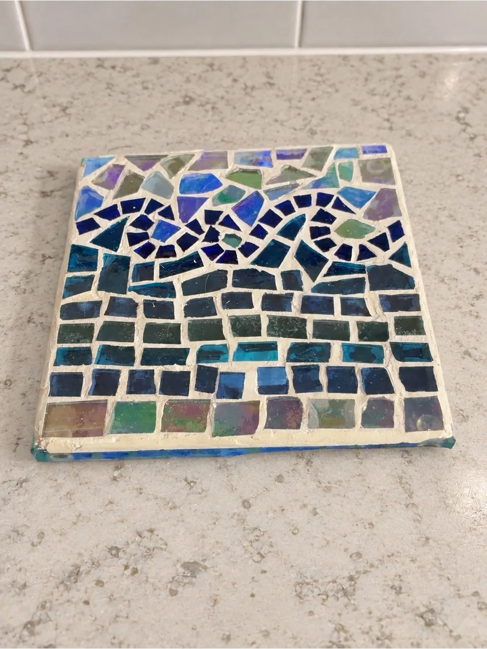 White Barn Blue Mosaic Glass Candle Plate Trivet 6”